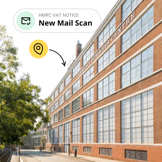 Outside of the GoForma London virtual office address with an icon that says new mail scan and a small pin location icon